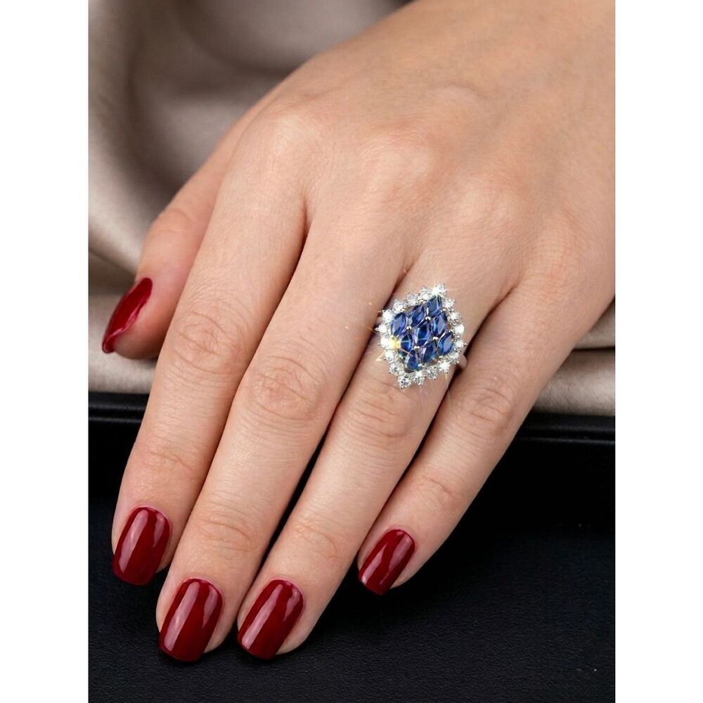 Elegant Blue Sapphire Marquise Cut CZ Ring 925 Sterling Silver Statement Cluster